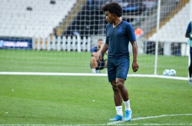 İstanbul, Türkiye - 14 Ağustos 2019: Uefa Süper Kupası Finalleri öncesinde Vodafone Arena, Türkiye 'deki Vodafone Park' ta Liverpool ve Chelsea arasında oynanan karşılaşma öncesi Chelsea ve Willian antrenman oturumu
