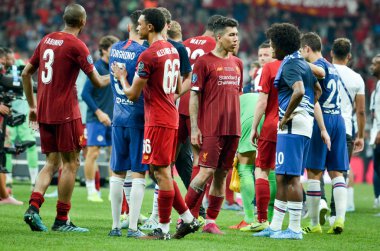 Istanbul, Turkey - August 14, 2019: Liverpool footballers celebrate victory in the UEFA Super Cup Finals match between Liverpool and Chelsea at Vodafone Park in Vodafone Arena, Turkey