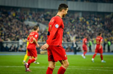 Kyiv, Ukrayna - 14 Ekim 2019: Uefa Euro 2020 ön eleme maçında Ukrayna milli takımı Ukrayna ile Ukrayna milli takımı arasında oynanan Cristiano Ronaldo
