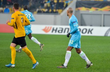 Lviv, Ukrayna - 28 Kasım 2019: Alexandria (Ukrayna) ile Wolfsburg (Almanya), Ukrayna arasındaki Uefa Avrupa Ligi maçı sırasında Marcel Tisserand oyuncusu