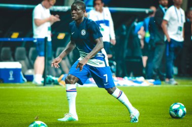 Istanbul, Turkey - August 14, 2019: N'Golo Kante player during the UEFA Super Cup Finals match between Liverpool and Chelsea in Vodafone Arena stadium, Turkey