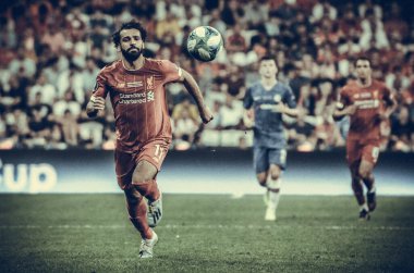 Istanbul, Turkey - August 14, 2019: Mohamed Salah player during the UEFA Super Cup Finals match between Liverpool and Chelsea at Vodafone Park in Vodafone Arena, Turkey