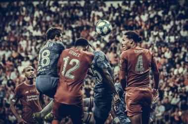 Istanbul, Turkey - August 14, 2019: Cesar Azpilicueta and Joe Gomez  during the UEFA Super Cup Finals match between Liverpool and Chelsea at Vodafone Park in Vodafone Arena, Turkey