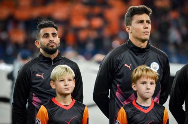 KHARKIV, UKRAINE - September 18, 2019: Riyad Mahrez and Rodri during the UEFA Champions League match between Shakhtar Donetsk vs Manchester City (England), Ukraine
