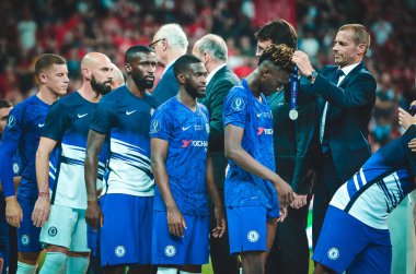 Istanbul, Turkey - August 14, 2019: FootChelsea football players received silver medals r after the UEFA Super Cup Finals match between Liverpool and Chelsea at Vodafone Park, Turkey