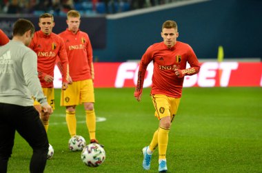 SAINT-PETERSBURG, RUSSIA - November 16, 2019: Thorgan Hazard and Belgium national football team training session during UEFA EURO 2020 qualifying match between Russia against Belgium, Russia