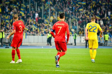 Kyiv, Ukrayna - 14 Ekim 2019: Uefa Euro 2020 ön eleme maçında Ukrayna milli takımı Ukrayna ile Ukrayna milli takımı arasında oynanan Cristiano Ronaldo