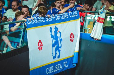 Istanbul, Turkey - August 14, 2019: Chelsea  Football fans and spectators during the UEFA Super Cup Finals match between Liverpool and Chelsea at Vodafone Park in Vodafon Arena, Turkey