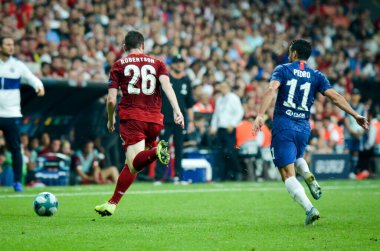 Istanbul, Turkey - August 14, 2019:  Andrew Robertson and Pedro during the UEFA Super Cup Finals match between Liverpool and Chelsea at Vodafone Park in Vodafone Arena, Turkey