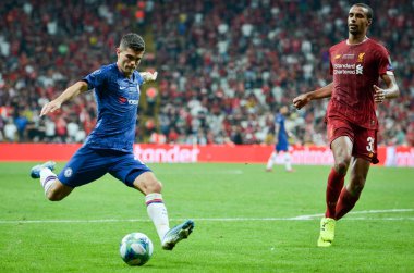 Istanbul, Turkey - August 14, 2019: Christian Pulisic and Joel Matip during the UEFA Super Cup Finals match between Liverpool and Chelsea at Vodafone Park in Vodafone Arena, Turkey