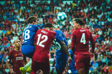 Istanbul, Turkey - August 14, 2019: Cesar Azpilicueta and Joe Gomez  during the UEFA Super Cup Finals match between Liverpool and Chelsea at Vodafone Park in Vodafone Arena, Turkey