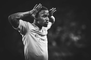KHARKIV, UKRAINE - September 18, 2019: Portrait Gabriel Jesus celebrate goal scored close up during the UEFA Champions League match between Shakhtar vs Manchester City, Ukraine