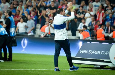 Istanbul, Turkey - August 14, 2019: Frank Lampard thanks fans for their support during the UEFA Super Cup Finals match between Liverpool and Chelsea, Turkey
