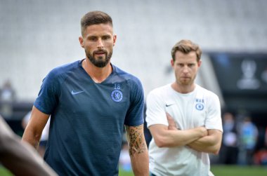 İstanbul, Türkiye - 14 Ağustos 2019: Vodafone Arena, Türkiye 'deki Vodafone Park' ta Liverpool ile Chelsea arasında oynanan Uefa Süper Kupası Finalleri öncesinde Olivier Giroud ve antrenman oturumu