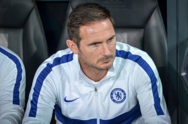 Istanbul, Turkey - August 14, 2019: Coach Frank Lampard with referee during the UEFA Super Cup Finals match between Liverpool and Chelsea at Vodafone Park in Vodafone Arena, Turkey