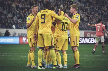 SAINT-PETERSBURG, RUSSIA - November 16, 2019: Belgium national team celebrate goal scored during UEFA EURO 2020 qualifying match between Russia against Belgium team, Russia