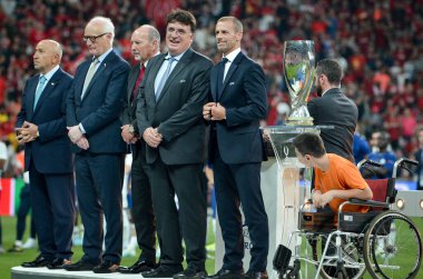 Istanbul, Turkey - August 14, 2019: Alexander Cheferin and Uefa leadership present medals at the award ceremony during the UEFA Super Cup Finals match between Liverpool and Chelsea, Turkey