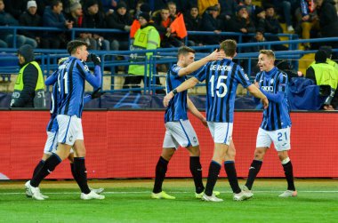 KHARKIV, UKRAINE - December 11, 2019: Atalanta BC  player celebrate goal scored during the UEFA Champions League match between Shakhtar vs Atalanta Bergamasca Calcio BC (Italy), Ukraine
