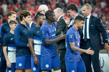 Istanbul, Turkey - August 14, 2019: FootChelsea football players received silver medals r after the UEFA Super Cup Finals match between Liverpool and Chelsea at Vodafone Park, Turkey