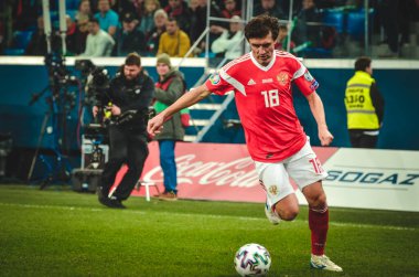 Saint-Petersburg, Rusya - 16 Kasım 2019: Uefa Euro 2020 eleme karşılaşmasında Yuri Zhirkov oyuncusu Rusya ile Belçika milli takımı arasında oynanan karşılaşma, Rusya
