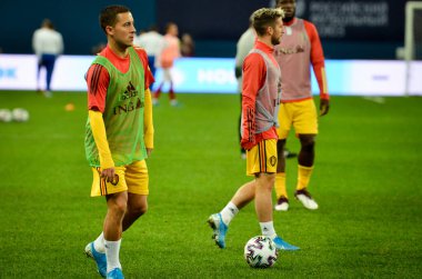 SAINT-PETERSBURG, RUSSIA - November 16, 2019: Eden Hazard and Belgium national football team training session during UEFA EURO 2020 qualifying match between Russia against Belgium, Russia