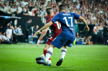 Istanbul, Turkey - August 14, 2019: Jordan Henderson and Mateo Kovacic during the UEFA Super Cup Finals match between Liverpool and Chelsea at Vodafone Park in Vodafone Arena, Turkey