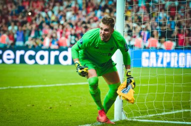 Istanbul, Turkey - August 14, 2019: Adrian celebrates victory in UEFA Super Cup during the UEFA Super Cup Finals match between Liverpool and Chelsea at Vodafone Park, Turkey