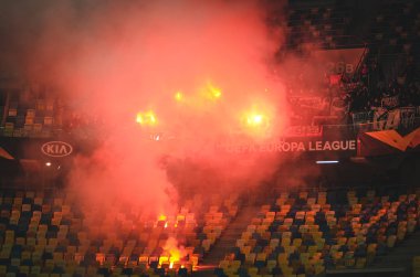 LVIV, UKRAINE - November 07, 2019: Ultras Centetien Fire Fighter Harness and Lights during the UEFA Europa League match between Alexandria vs AS Saint Etienne, Ukraine