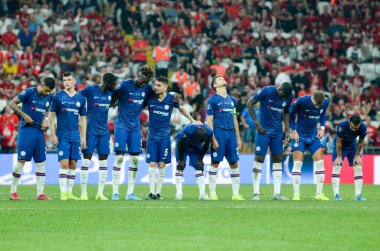 Istanbul, Turkey - August 14, 2019: Chelsea Football players awaiting a penalty shootout during the UEFA Super Cup Finals match between Liverpool and Chelsea at Vodafone Park, Turkey