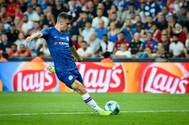 Istanbul, Turkey - August 14, 2019: Mason Mount during the UEFA Super Cup Finals match between Liverpool and Chelsea at Vodafone Park in Vodafone Arena, Turkey