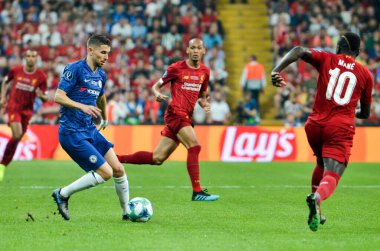 İstanbul, Türkiye - 14 Ağustos 2019: Türkiye 'nin Vodafone Arena kentindeki Vodafone Park' ta Liverpool ile Chelsea arasında oynanan Uefa Süper Kupası Finalleri sırasında futbolcu