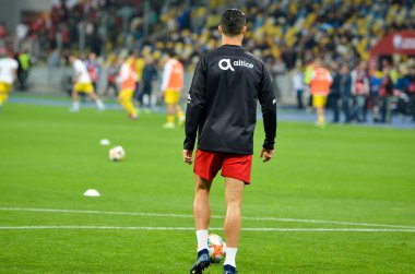 Kyiv, Ukrayna - 14 Ekim 2019: Uefa Euro 2020 ön eleme karşılaşmasında Ukrayna milli takımı Ukrayna ile Ukrayna milli takımı arasında oynanan karşılaşma sırasında Cristiano Ronaldo