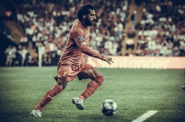 Istanbul, Turkey - August 14, 2019: Mohamed Salah player during the UEFA Super Cup Finals match between Liverpool and Chelsea at Vodafone Park in Vodafone Arena, Turkey