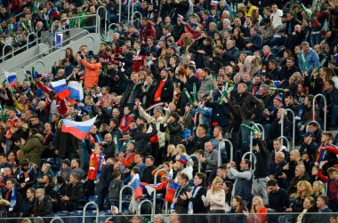 SAINT-PETERSBURG, RUSSIA - November 16, 2019: Football fans celebrate goal scored during UEFA EURO 2020 qualifying match between national team Russia against Belgium, Russia