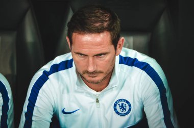 Istanbul, Turkey - August 14, 2019: Coach Frank Lampard with referee during the UEFA Super Cup Finals match between Liverpool and Chelsea at Vodafone Park in Vodafone Arena, Turkey