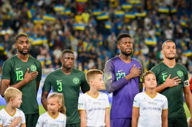 Dnipro, Ukrayna - 10 Eylül 2019: Nijerya milli takımı Ukrayna ile Ukrayna milli takımı arasında oynanan dostluk karşılaşmasında Nijerya milli takımı kadrosu oyuncusu