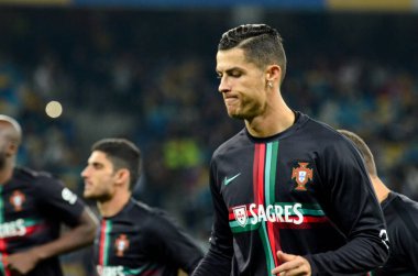 Kyiv, Ukrayna - 14 Ekim 2019: Cristiano Ronaldo ve Uefa Euro 2020 ön eleme maçında Ukrayna ile Portekiz milli takımı Ukrayna arasında oynanan karşılaşma
