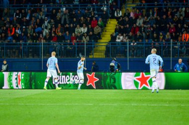 KHARKIV, UKRAINE - September 18, 2019: Manchester City player celebrate goal scored during the UEFA Champions League match between Shakhtar vs Manchester City, Ukraine