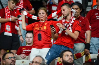 Istanbul, Turkey - August 14, 2019: Liverpool Football fans and spectators during the UEFA Super Cup Finals match between Liverpool and Chelsea at Vodafone Park in Vodafon Arena, Turkey
