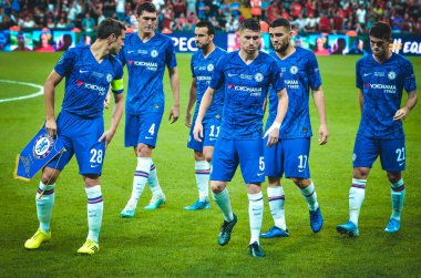 Istanbul, Turkey - August 14, 2019: Line up Chelsea Football player and general photo during the UEFA Super Cup Finals match between Liverpool and Chelsea at Vodafone Park, Turkey