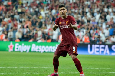 Istanbul, Turkey - August 14, 2019: Roberto Firmino celebrate penalty goal scored during the UEFA Super Cup Finals match between Liverpool and Chelsea at Vodafone Park, Turkey
