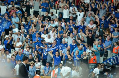 Istanbul, Turkey - August 14, 2019: Chelsea  Football fans and spectators during the UEFA Super Cup Finals match between Liverpool and Chelsea at Vodafone Park in Vodafon Arena, Turkey
