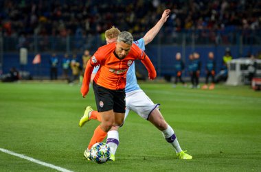 KHARKIV, UKRAINE - September 18, 2019: Kevin De Bruyne and Marlos during the UEFA Champions League match between Shakhtar vs Manchester City (England), Ukraine