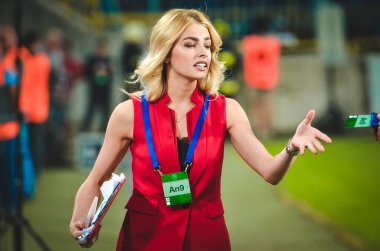 DNIPRO, UKRAINE - September 10, 2019: Vlada Sedan girlfriend of Alexander Zinchenko during the friendly match, Ukraine