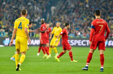 Kyiv, Ukrayna - 14 Ekim 2019: Uefa Euro 2020 ön eleme maçında Ukrayna milli takımı Ukrayna ile Ukrayna milli takımı arasında oynanan Cristiano Ronaldo