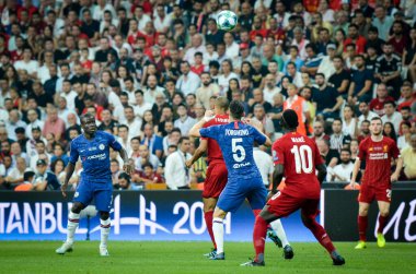 İstanbul, Türkiye - 14 Ağustos 2019: Vodafone Arena, Türkiye 'deki Vodafone Park' ta Liverpool ile Chelsea arasında oynanan Uefa Süper Kupası Finalleri sırasında Jorginho