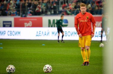 SAINT-PETERSBURG, RUSSIA - November 16, 2019: Kevin De Bruyne and  Belgium national football team training session during UEFA EURO 2020 qualifying match between Russia against Belgium, Russia
