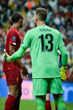 İstanbul, Türkiye - 14 Ağustos 2019: Vodafone Arena, Türkiye 'deki Vodafone Park' ta Liverpool ile Chelsea arasında oynanan Uefa Süper Kupası Finalleri 'nde Adrian oyuncusu