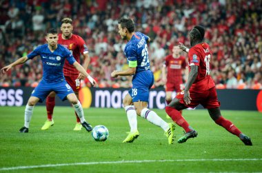 Istanbul, Turkey - August 14, 2019: Cesar Azpilicueta and Sadio Mane during the UEFA Super Cup Finals match between Liverpool and Chelsea at Vodafone Park in Vodafone Arena, Turkey