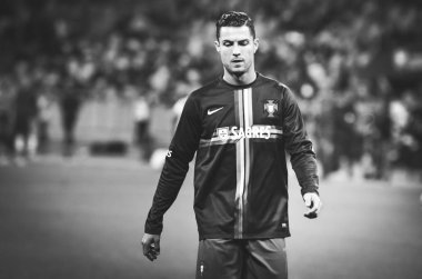 Kyiv, Ukrayna - 14 Ekim 2019: Uefa Euro 2020 ön eleme karşılaşmasında Ukrayna milli takımı Ukrayna ile Ukrayna milli takımı arasında oynanan karşılaşma sırasında Cristiano Ronaldo